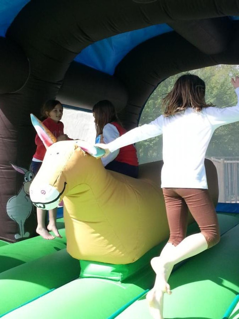 Kinderen spelen op een springkasteel met ezelthema op Camping Seasonova Les Marguerites, Frankrijk.