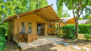 Afbeelding van een safaritent genaamd Slow Lodge zonder badkamer, omgeven door bomen en groen.