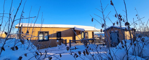 Cabaña de madera nevada en Chalet Waldfee, Camping & Ferienpark Brilon, Alemania, rodeada de ramas invernales.