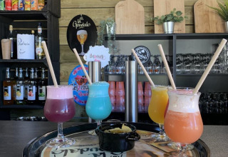 Fire farverige drinks med sugerør på et serveringsbakke på en lodgebar ved Camping Seasonova Etennemare, Frankrig.