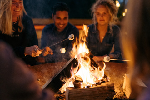 Un grupo de personas tuesta malvaviscos sobre una fogata en un sitio de glamping, disfrutando la noche.