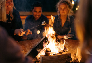 Gruppe von Menschen röstet Marshmallows über einem Lagerfeuer bei Glamping, fröhlich und entspannt.