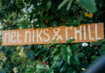 Cartello di legno con la scritta 'net niks & CHILL' tra foglie verdi in un alloggio di glamping.