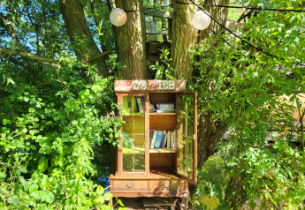 Een houten boekenkast vol boeken hangt aan een boom in het groen bij een glamping-accommodatie.