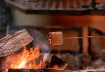 Een marshmallow wordt geroosterd boven een kampvuur bij een gezellige, luxe glamping accommodatie.