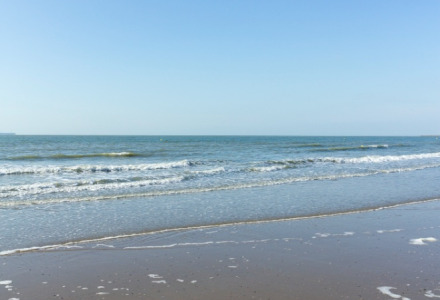 Playa tranquila con olas suaves y espuma en la arena cerca de Poperinge, Flandes Occidental, Bélgica.