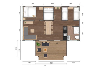Plattegrond van GlampCamp Safari Tent bij Camping De Klimberg met slaapkamer-, woon- en keukenindeling.