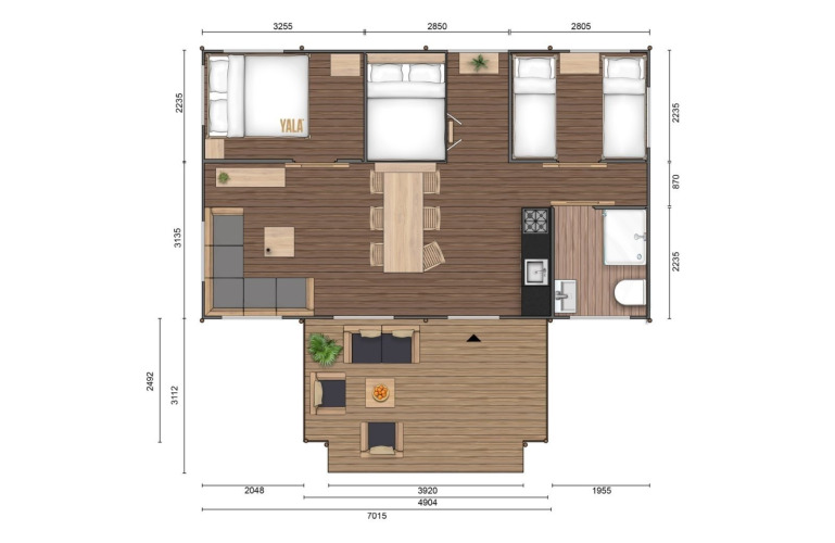 Plano de la tienda GlampCamp Safari en Camping De Klimberg, con disposición de dormitorios y salón.