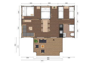 Floor plan of GlampCamp Safari Tent at Camping De Klimberg, showing bedroom, living and kitchen layout.