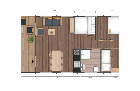 Plan du GlampCamp Safari Tent au Camping De Klimberg, montrant salon, cuisine et chambres à coucher.