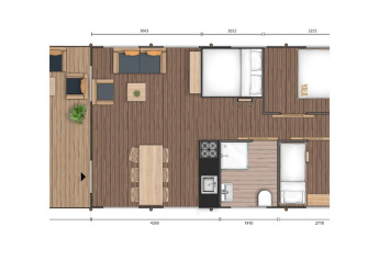 Plantegning af GlampCamp Safari-teltet hos Camping De Klimberg, med opholdsområde, køkken og soveværelser.