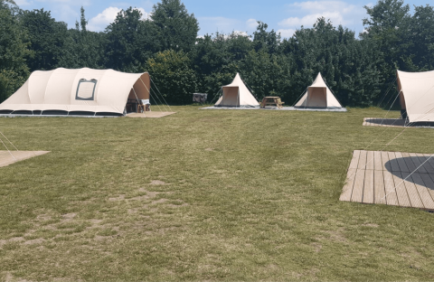 Tienda safari De Waard tipo túnel en Camping De Klimberg, Países Bajos, rodeada de césped verde.