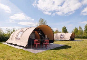Safaritenten op een camping onder een blauwe lucht met groen gras en buitenzitje voor de tent