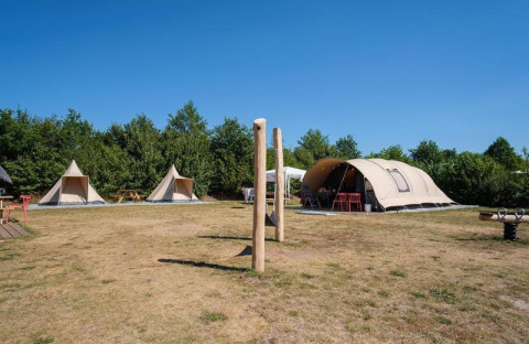 Tiendas safari y tienda tipo túnel De Waard en Camping De Klimberg en los Países Bajos bajo cielo azul.
