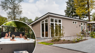 Rialto Wellness Lodge met moderne gevel, terras en gasten die genieten van een bubbelbad buiten.