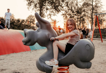 Girl playing on an animal-shaped spring rider at a playground in a glamping site with other children.