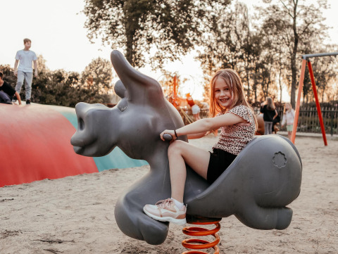 Meisje op een diervormige wip in de speeltuin van een glampinglocatie met andere spelende kinderen.