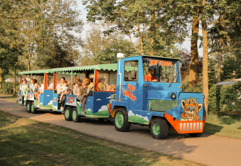 Gezinnen genieten van een rit in de kleurrijke Zoef Express trein bij een glamping accommodatie.