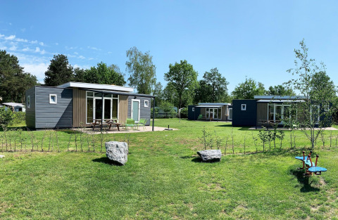 Chalet de lujo en Recreatiepark De Achterste Hoef, Países Bajos, con césped verde y cabañas modernas.