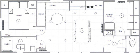 Grondplan van Luxury Chalet op Recreatiepark De Achterste Hoef in Nederland met slaapkamer en leefruimte.