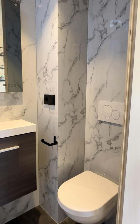 Modern cabin bathroom featuring a wall-mounted toilet, marble walls, and a sleek minimalist design.