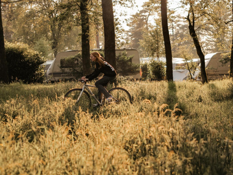Eine Person fährt Fahrrad im grünen Wald bei Wohnwagen im Klapkot, Recreatiepark De Achterste Hoef, Niederlande.