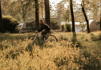 Eine Person fährt Fahrrad im grünen Wald bei Wohnwagen im Klapkot, Recreatiepark De Achterste Hoef, Niederlande.