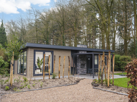Moderne lodge ved Zypendaal Comfort i Veluwepark de Bosgraaf, Holland, omgivet af træer og natur.