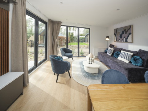 Moderne woonkamer in de Zypendaal Comfort lodge aan Veluwepark de Bosgraaf, Nederland, met grote ramen.
