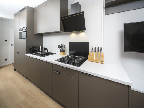 Cocina moderna en una cabaña Zypendaal Comfort del Veluwepark de Bosgraaf en los Países Bajos.