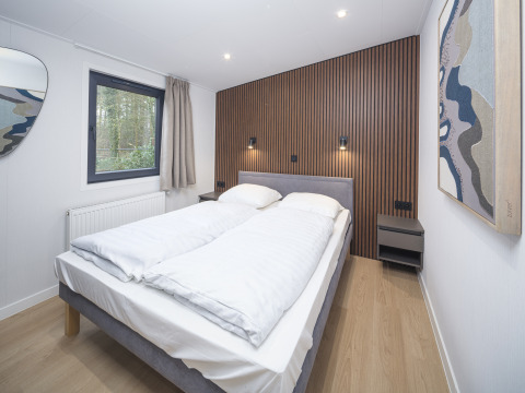 Dormitorio moderno en Zypendaal Comfort, Veluwepark de Bosgraaf, Países Bajos, con pared de madera y arte.