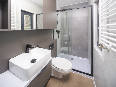 Baño moderno en Zypendaal Comfort, Veluwepark de Bosgraaf, Países Bajos, con ducha y diseño elegante.