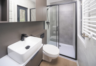 Moderne badeværelse i Zypendaal Comfort, Veluwepark de Bosgraaf, Holland, med bruseniche og stilrent design.