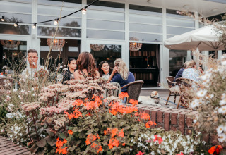 Gäste genießen eine Terrasse mit Blumen bei Recreatiepark De Achterste Hoef, Nordbrabant, Niederlande.