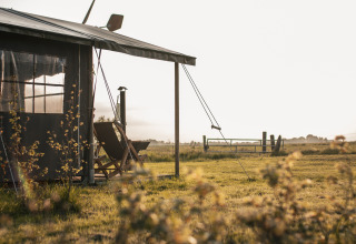 Cozy outdoor seating by a cabin at Feather Down Botterheerd holiday park in Groningen, Netherlands at sunset.