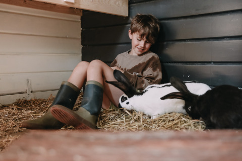 Niño con botas de goma sentado en paja junto a conejos en Feather Down Botterheerd, Groningen, Países Bajos.