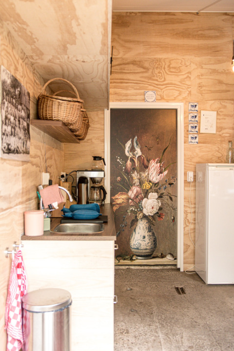 Pequeña cocina de madera con cafetera y mural floral en la puerta en Feather Down Botterheerd, Groningen.