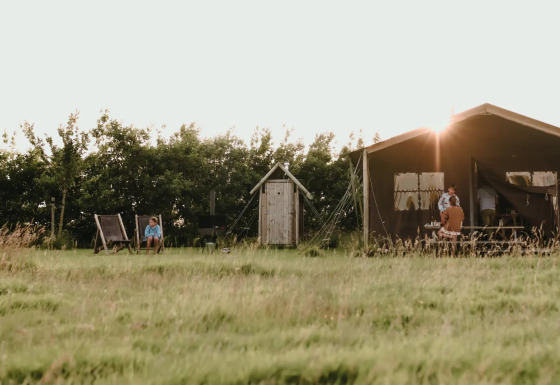 Safari teltet Tent house med privat udendørs bruser, solnedgang, grøn eng og afslappede besøgende.
