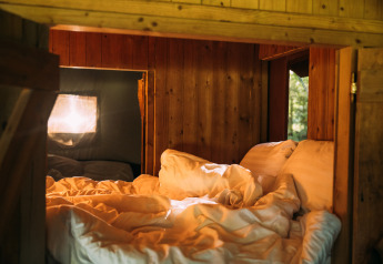 Acogedor rincón de cama en una tienda tipo safari con paredes de madera y luz natural suave.