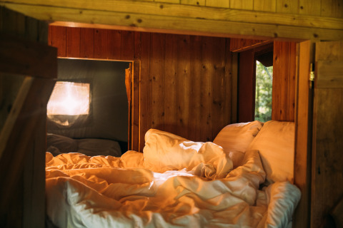 Acogedor rincón de cama en una tienda tipo safari con paredes de madera y luz natural suave.