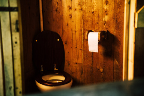 Wood-paneled bathroom with toilet and toilet paper in a safari tent featuring a private hot shower nearby.
