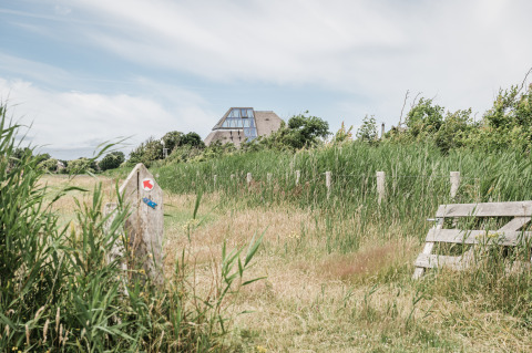 Glampingverblijf omringd door natuur, hoog gras en een modern huis op de achtergrond zichtbaar.