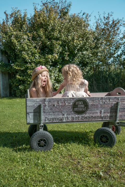 Twee kinderen spelen vrolijk in een houten kar op het gras bij Duynpark het Zwanenwater glamping.