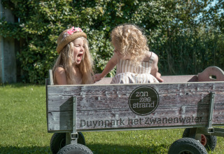 Zwei Kinder lachen und spielen in einem Holzwagen auf dem Rasen im Glamping Duynpark het Zwanenwater.