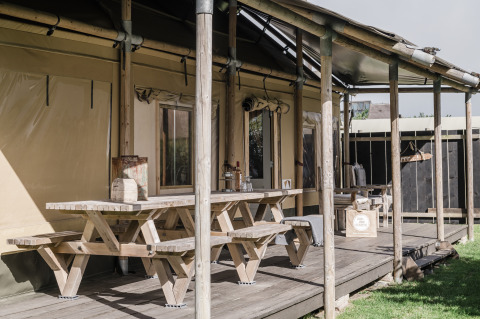 Terrazza in legno con tavoli e panche al Beach Lodge Luxury, Duynpark Het Zwanenwater, Paesi Bassi, al sole.