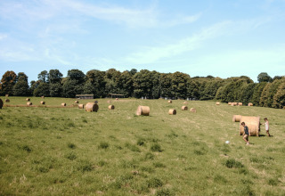 Kinderen spelen tussen hooibalen in een veld bij Feather Down Ô manoir de Glams, Normandië, Frankrijk.
