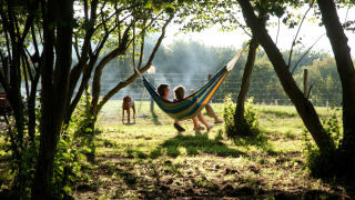Two people relaxing in a hammock between trees at BoerenBed Sunninglye Farm in East of England.