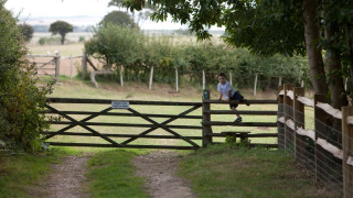 Un niño trepa una verja junto a un sendero rural en Feather Down Lunsford Farm, en el sureste de Inglaterra.