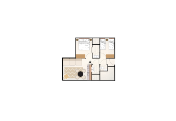 Plattegrond van een lodge met twee slaapkamers, twee badkamers, woonkamer en keuken in lichte tinten.