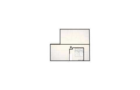 Foto van een kamerplattegrond in een lodge met de minimalistische opstelling van bedden en muren.